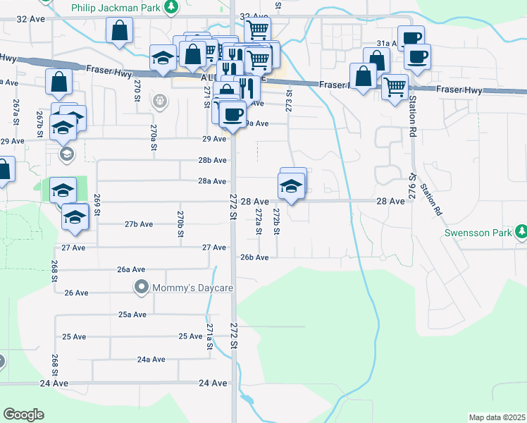 map of restaurants, bars, coffee shops, grocery stores, and more near 2770 272A Street in Langley