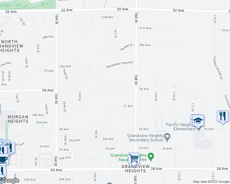 map of restaurants, bars, coffee shops, grocery stores, and more near 3172 167 Street in Surrey