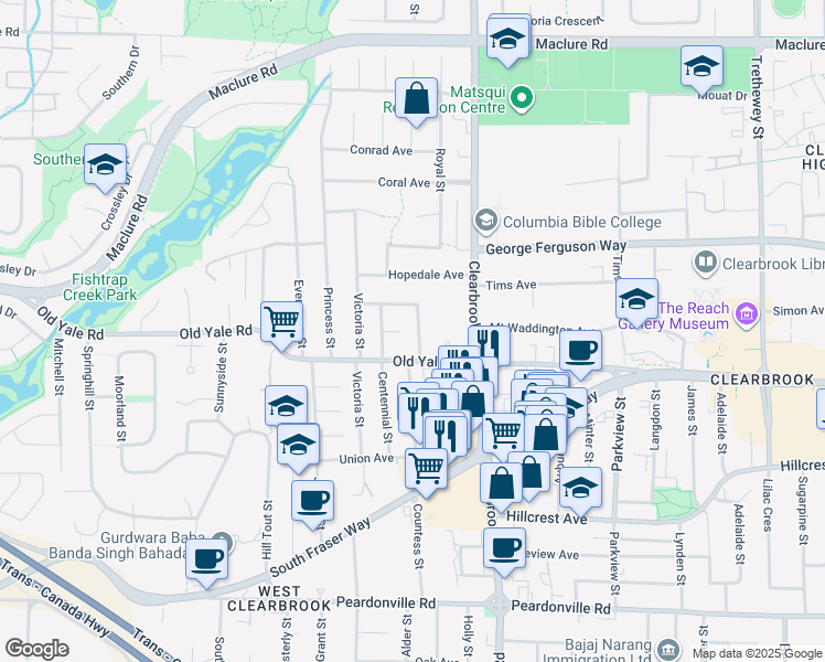 map of restaurants, bars, coffee shops, grocery stores, and more near 2785 Countess Crescent in Abbotsford