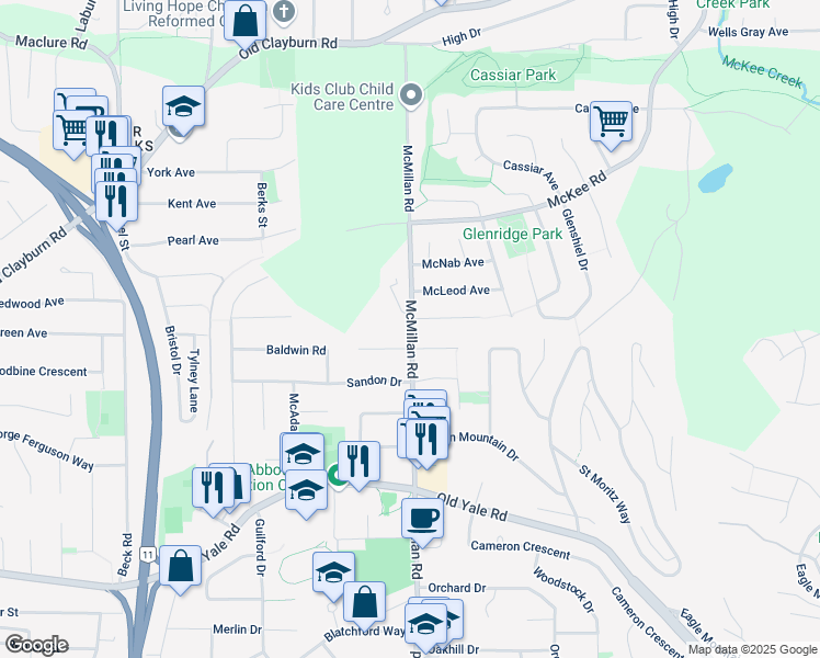 map of restaurants, bars, coffee shops, grocery stores, and more near 2857 McMillan Road in Abbotsford