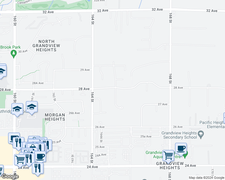 map of restaurants, bars, coffee shops, grocery stores, and more near 16490 28 Avenue in Surrey