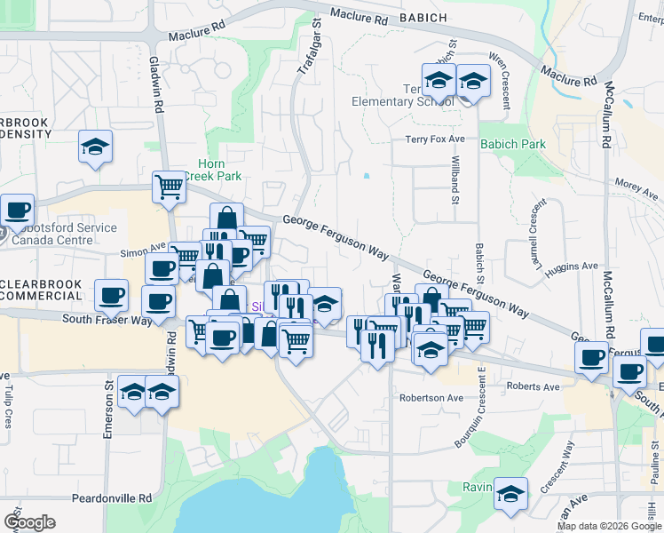 map of restaurants, bars, coffee shops, grocery stores, and more near 2796 Fairlane Street in Abbotsford
