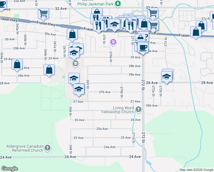 map of restaurants, bars, coffee shops, grocery stores, and more near 26975 28 Avenue in Langley Township
