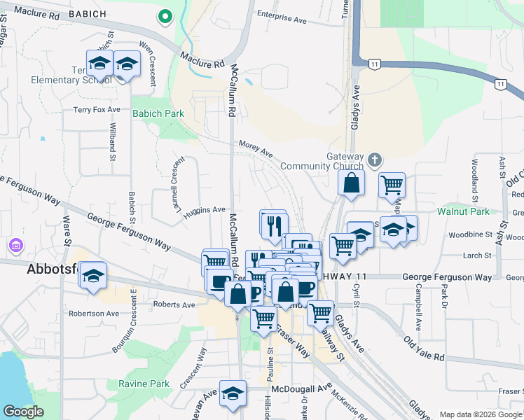 map of restaurants, bars, coffee shops, grocery stores, and more near 2771 Montrose Avenue in Abbotsford