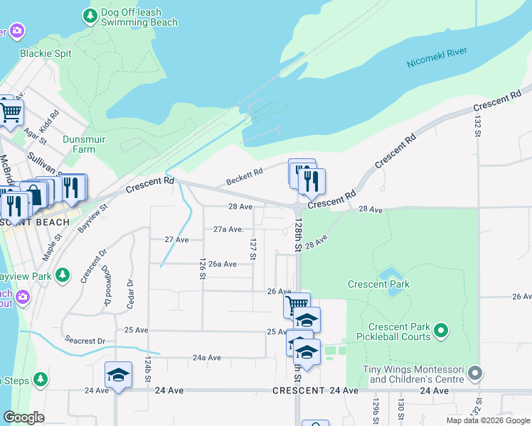map of restaurants, bars, coffee shops, grocery stores, and more near 12724 28 Avenue in Surrey