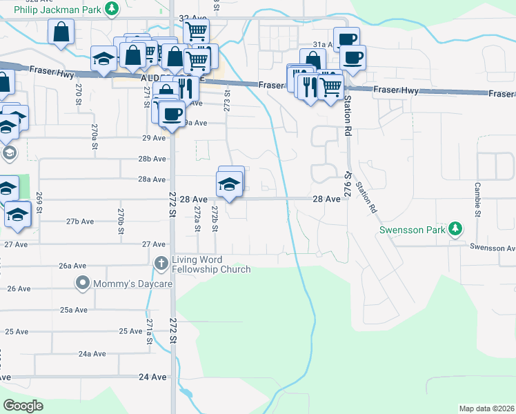 map of restaurants, bars, coffee shops, grocery stores, and more near 27330 28 Avenue in Langley Township