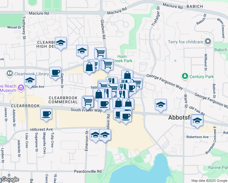 map of restaurants, bars, coffee shops, grocery stores, and more near 32831 Ventura Avenue in Abbotsford