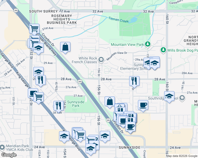 map of restaurants, bars, coffee shops, grocery stores, and more near 156 Street in Surrey