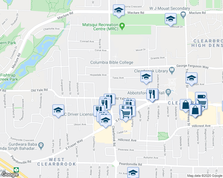 map of restaurants, bars, coffee shops, grocery stores, and more near 32010 Mount Waddington Avenue in Abbotsford