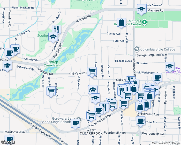 map of restaurants, bars, coffee shops, grocery stores, and more near 31709 Old Yale Road in Abbotsford