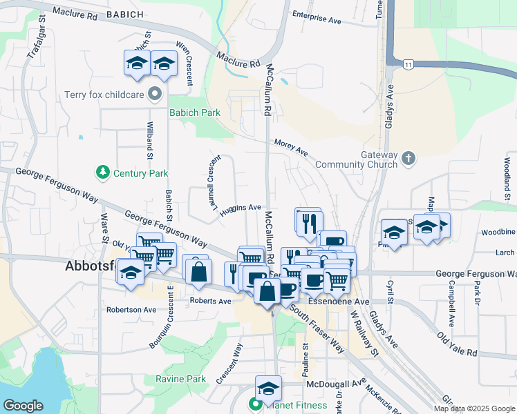 map of restaurants, bars, coffee shops, grocery stores, and more near 33586 Huggins Avenue in Abbotsford
