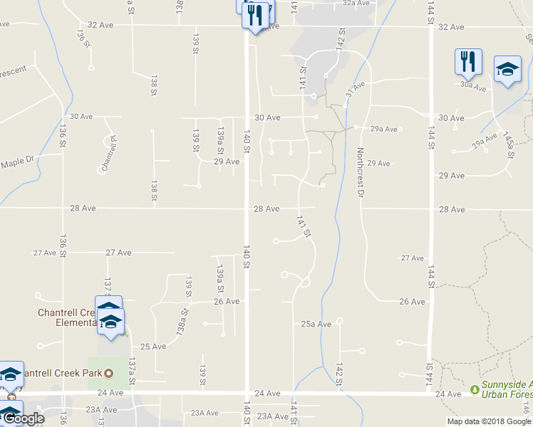 map of restaurants, bars, coffee shops, grocery stores, and more near 14042 28 Avenue in Surrey