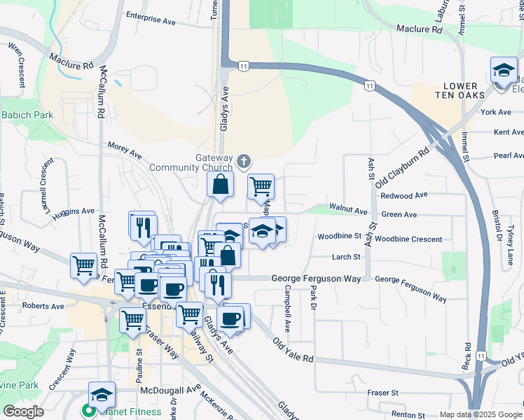 map of restaurants, bars, coffee shops, grocery stores, and more near 2807 Maple Street in Abbotsford