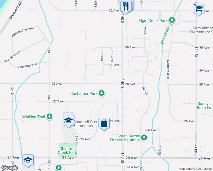 map of restaurants, bars, coffee shops, grocery stores, and more near in Surrey