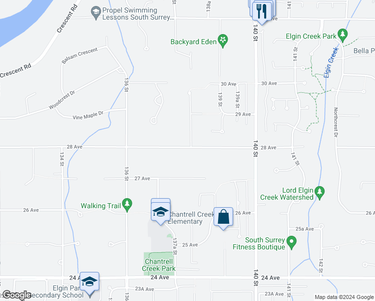 map of restaurants, bars, coffee shops, grocery stores, and more near 13788 28 Avenue in Surrey