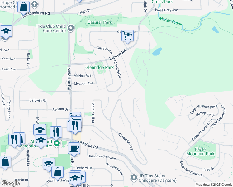 map of restaurants, bars, coffee shops, grocery stores, and more near 2842 Glenshiel Drive in Abbotsford