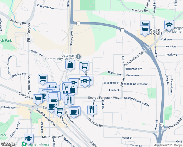 map of restaurants, bars, coffee shops, grocery stores, and more near 33995 Walnut Avenue in Abbotsford