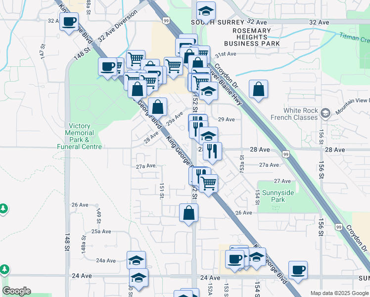 map of restaurants, bars, coffee shops, grocery stores, and more near 2790 King George Boulevard in Surrey