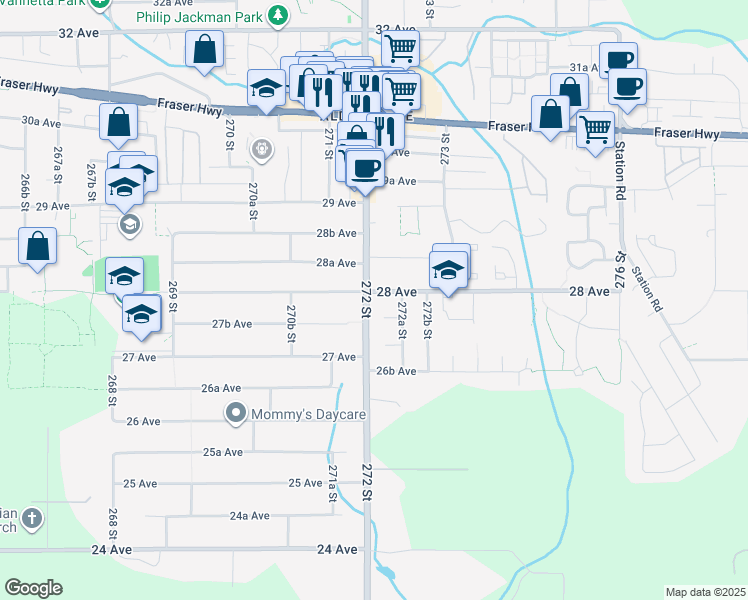 map of restaurants, bars, coffee shops, grocery stores, and more near 27210 28 Avenue in Langley Township
