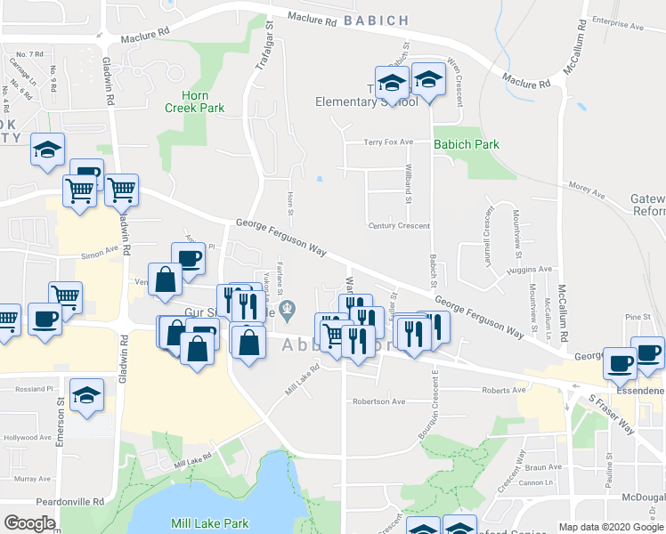 map of restaurants, bars, coffee shops, grocery stores, and more near 33184 George Ferguson Way in Abbotsford