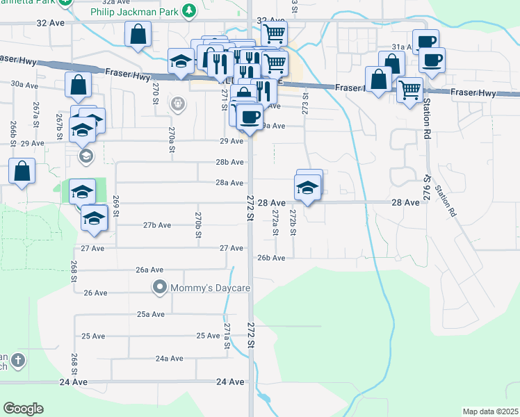 map of restaurants, bars, coffee shops, grocery stores, and more near 27210 28 Avenue in Langley Township