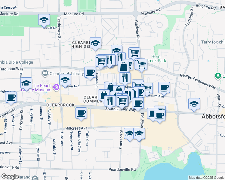 map of restaurants, bars, coffee shops, grocery stores, and more near 2796 Allwood Street in Abbotsford