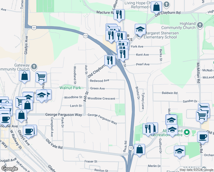 map of restaurants, bars, coffee shops, grocery stores, and more near 34309 Green Avenue in Abbotsford
