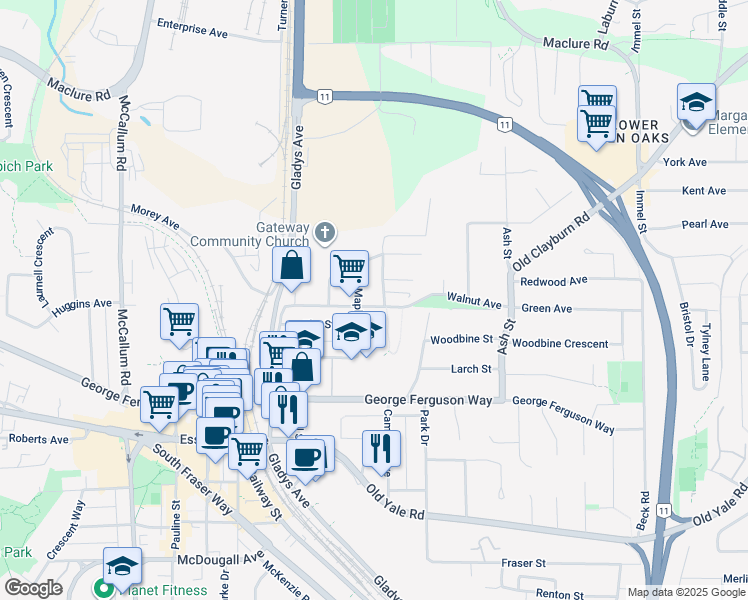 map of restaurants, bars, coffee shops, grocery stores, and more near 33987 Walnut Avenue in Abbotsford