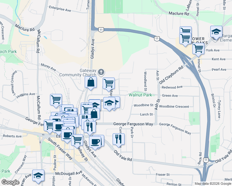 map of restaurants, bars, coffee shops, grocery stores, and more near 33987 Walnut Avenue in Abbotsford