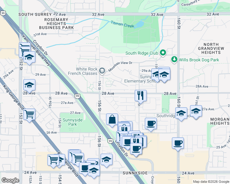 map of restaurants, bars, coffee shops, grocery stores, and more near 15677 28 Avenue in Surrey