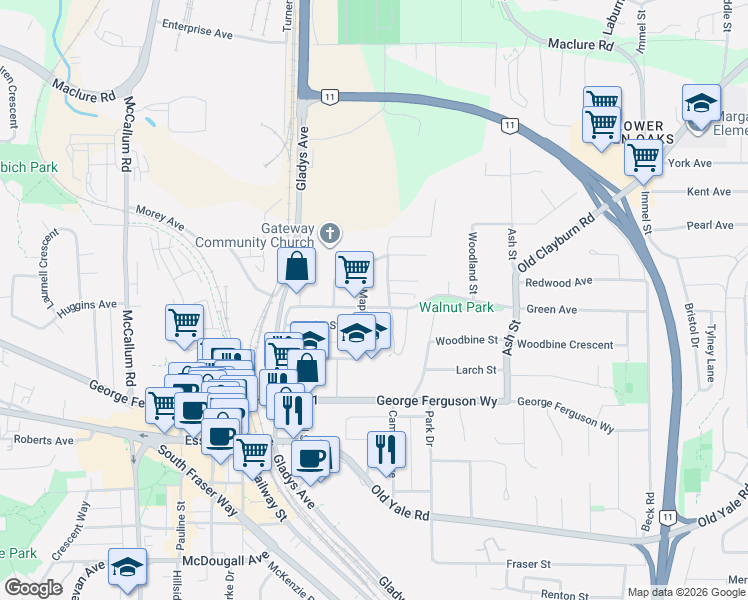 map of restaurants, bars, coffee shops, grocery stores, and more near 33993 Walnut Avenue in Abbotsford