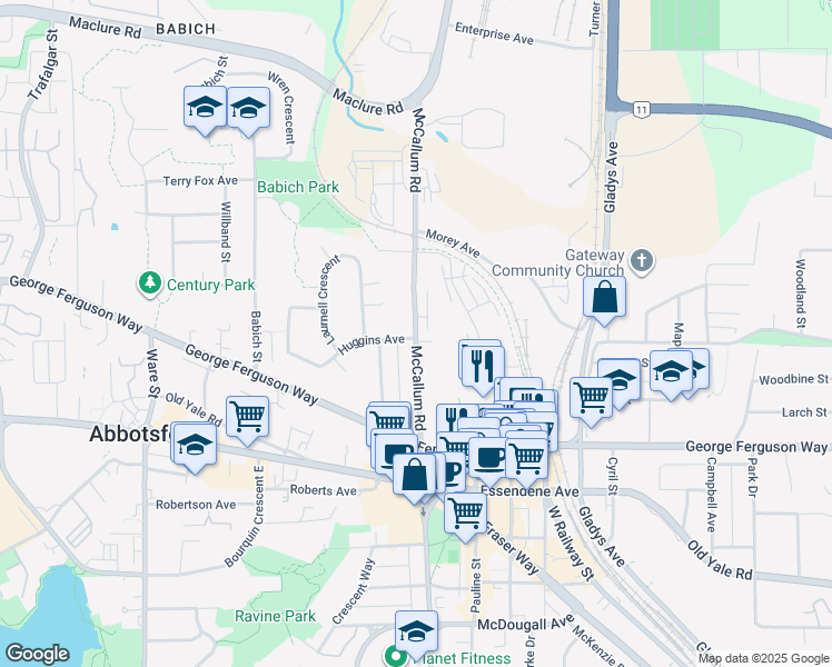 map of restaurants, bars, coffee shops, grocery stores, and more near 2804 McCallum Road in Abbotsford