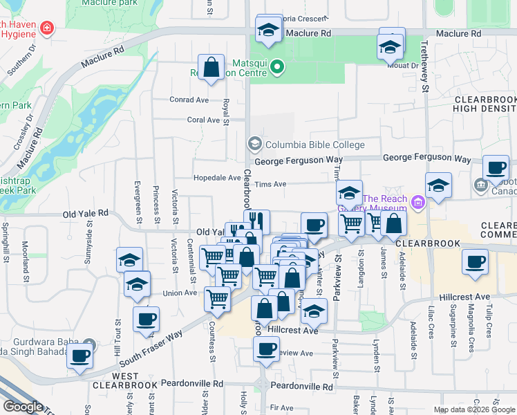 map of restaurants, bars, coffee shops, grocery stores, and more near 32035 Mount Waddington Avenue in Abbotsford