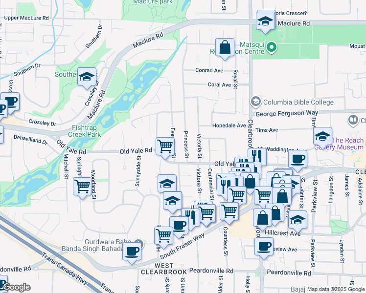 map of restaurants, bars, coffee shops, grocery stores, and more near 2797 Princess Street in Abbotsford