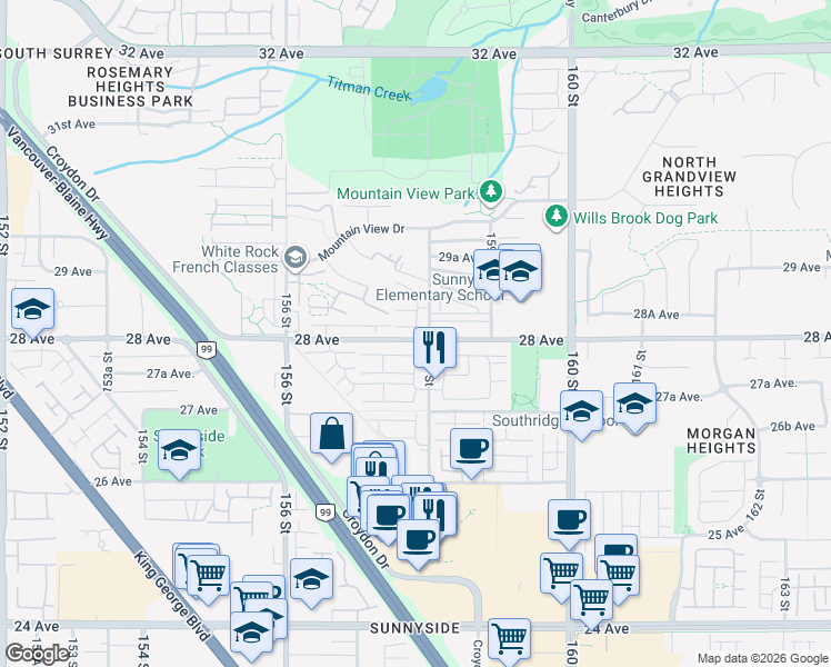 map of restaurants, bars, coffee shops, grocery stores, and more near 15755 28 Avenue in Surrey