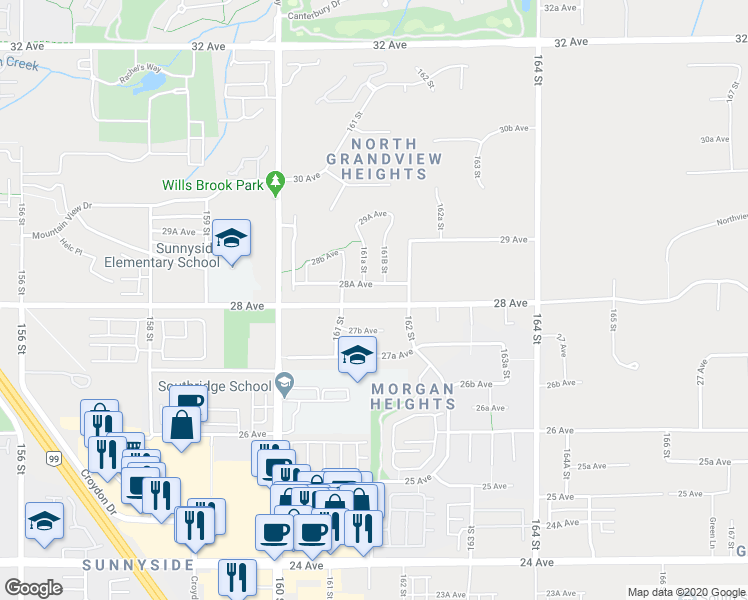 map of restaurants, bars, coffee shops, grocery stores, and more near 16161 28 Avenue in Surrey