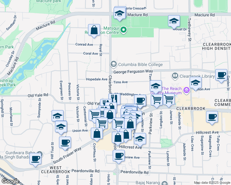 map of restaurants, bars, coffee shops, grocery stores, and more near 32035 Mount Waddington Avenue in Abbotsford
