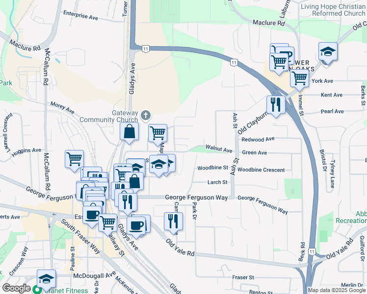 map of restaurants, bars, coffee shops, grocery stores, and more near 2814 Pratt Crescent in Abbotsford