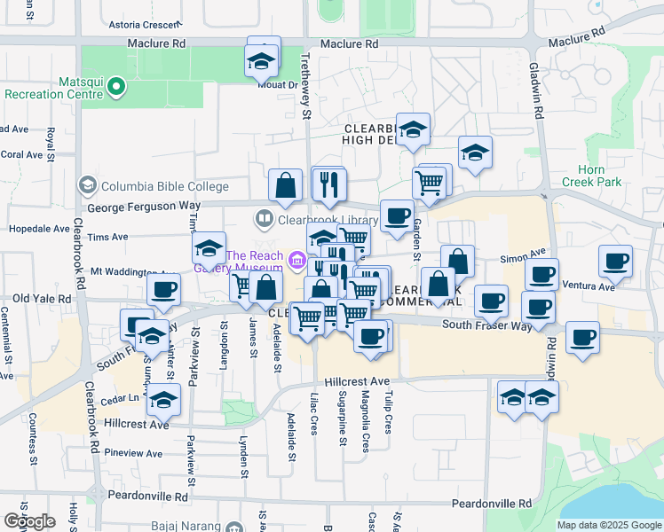 map of restaurants, bars, coffee shops, grocery stores, and more near in Abbotsford