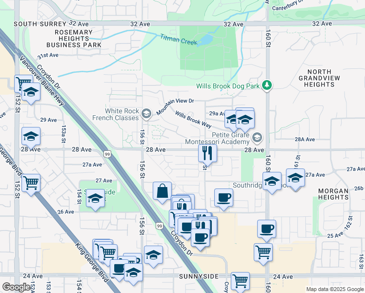 map of restaurants, bars, coffee shops, grocery stores, and more near in Surrey