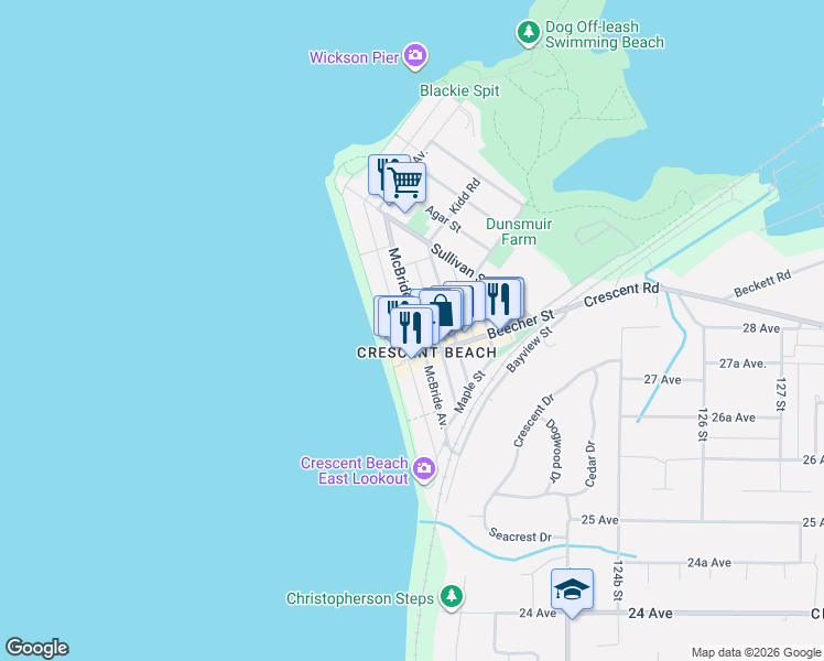 map of restaurants, bars, coffee shops, grocery stores, and more near in Surrey