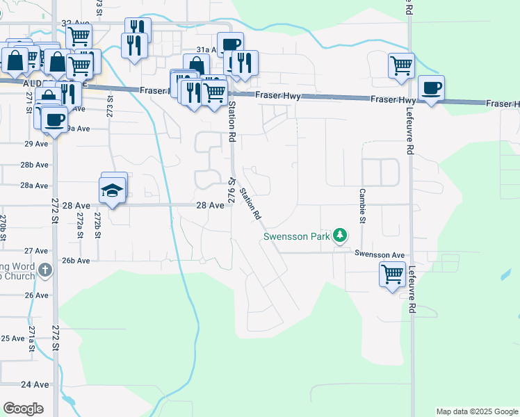 map of restaurants, bars, coffee shops, grocery stores, and more near 2790 Station Road in Abbotsford