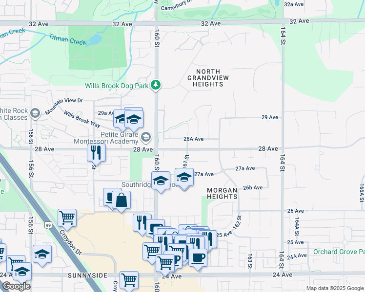 map of restaurants, bars, coffee shops, grocery stores, and more near 16091 28 Avenue in Surrey