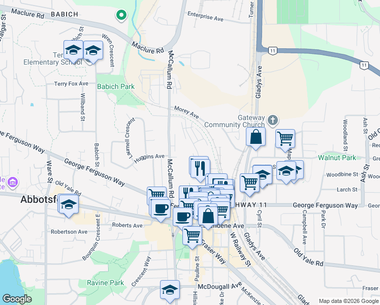 map of restaurants, bars, coffee shops, grocery stores, and more near 3376 McCallum Road in Abbotsford