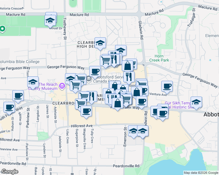 map of restaurants, bars, coffee shops, grocery stores, and more near 2799 Allwood Street in Abbotsford