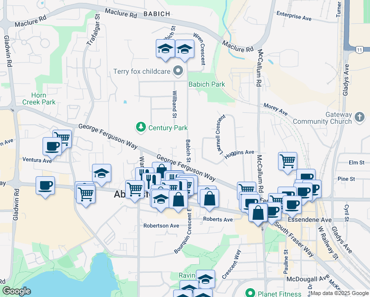 map of restaurants, bars, coffee shops, grocery stores, and more near 2817 Babich Street in Abbotsford