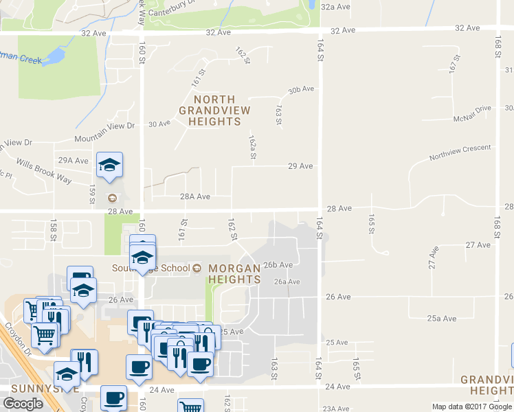 map of restaurants, bars, coffee shops, grocery stores, and more near 16255 28 Avenue in Surrey