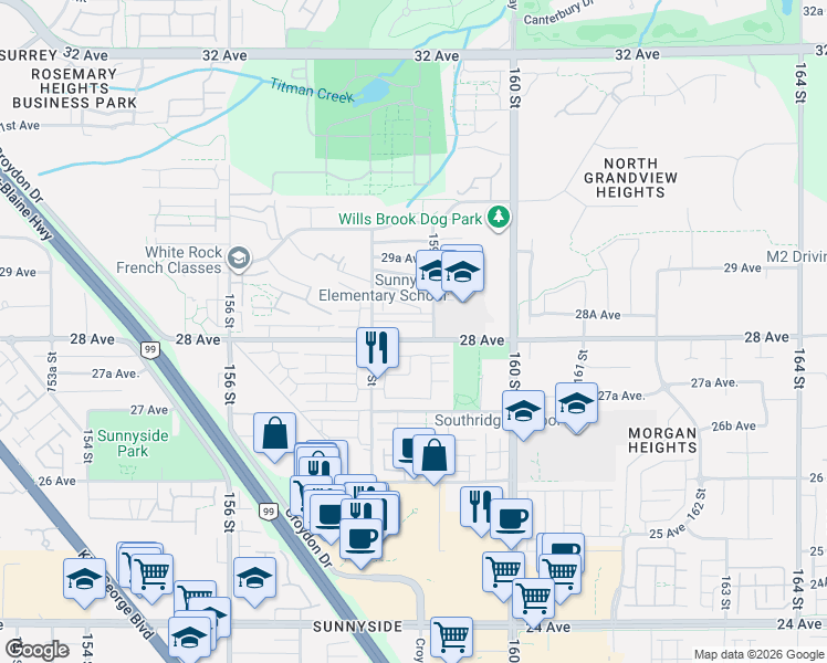 map of restaurants, bars, coffee shops, grocery stores, and more near 15871 28 Avenue in Surrey