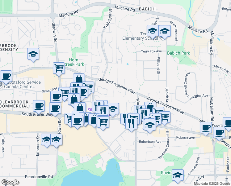 map of restaurants, bars, coffee shops, grocery stores, and more near 2806 Fairlane Street in Abbotsford