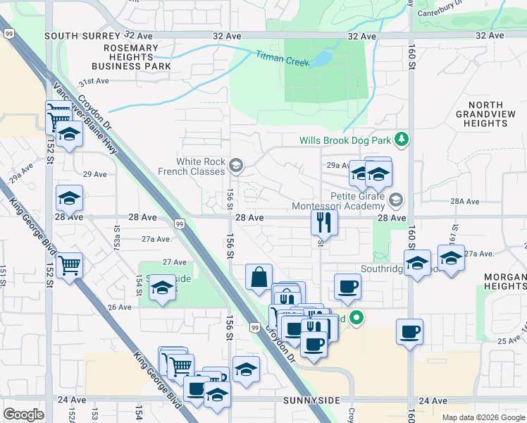 map of restaurants, bars, coffee shops, grocery stores, and more near 15677 28 Avenue in Surrey